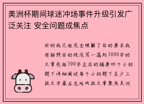 美洲杯期间球迷冲场事件升级引发广泛关注 安全问题成焦点 美洲杯期间球迷冲场事件升级引发广泛关注 安全问题成焦点